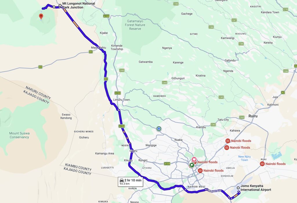 Snapshot showing location of mt longonot